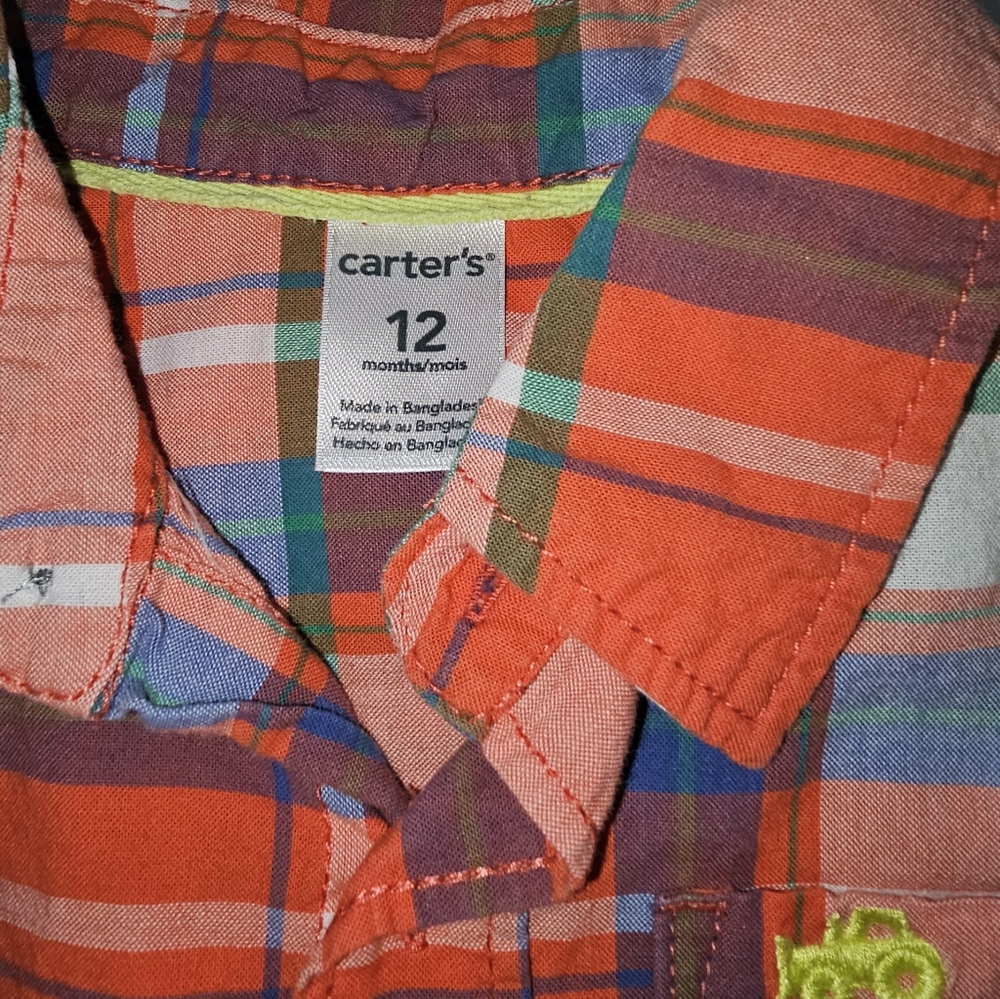 Carters Button Up Long Sleeve Plaid Red Blue Green Yellow SZ 12 Month - Picture 2 of 7